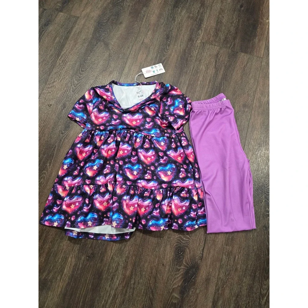Pete + Lucy Girls Cosmic Heart Tunic and Purple Leggings Set Size 6/6X NWT